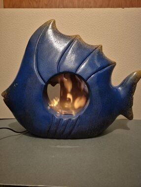 Large Blue Fish Table Accent with Central Flame Window/Mirror - Rare Unique Item